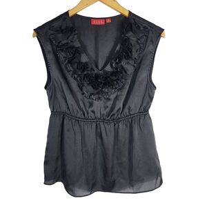 Elle Black Ruffle Flower Accent Tank Top Blouse Shirt